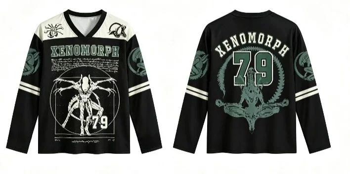 Unisex Vintage Xenomorph V Neck Long Sleeve Mesh Shirt Retro Sci-fi Monster Print Streetwear Tops for Men Women