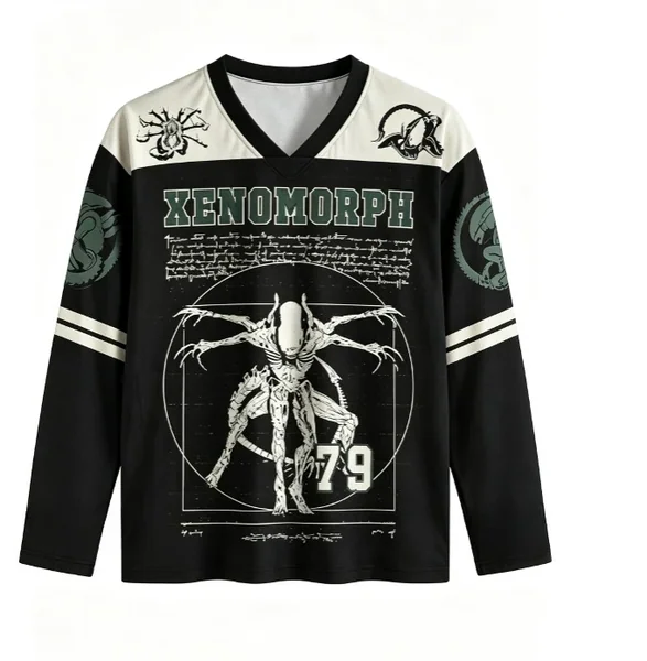 Unisex Vintage Xenomorph V Neck Long Sleeve Mesh Shirt Retro Sci-fi Monster Print Streetwear Tops for Men Women