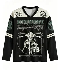 Unisex Vintage Xenomorph V Neck Long Sleeve Mesh Shirt Retro Sci-fi Monster Print Streetwear Tops for Men Women