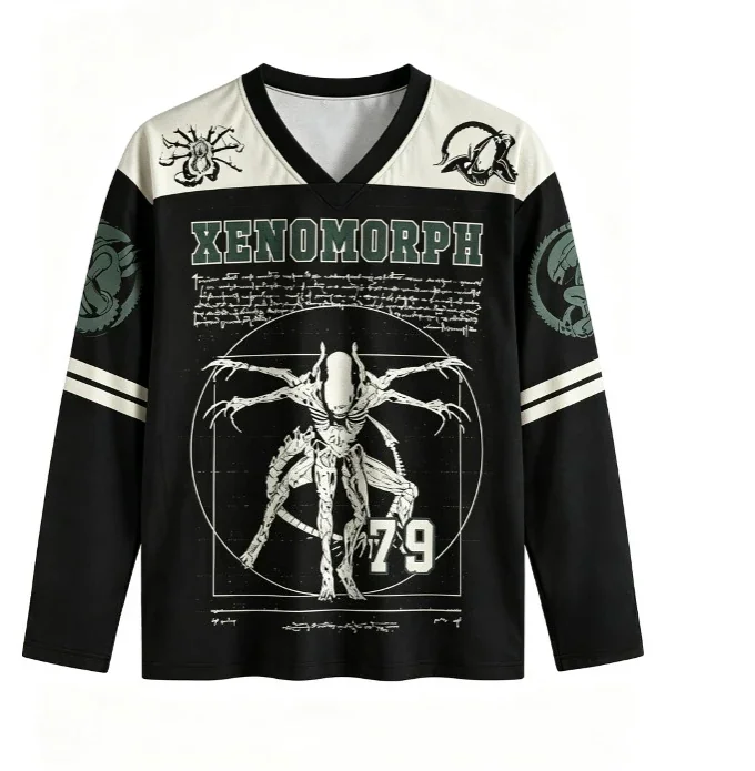 Unisex Vintage Xenomorph V Neck Long Sleeve Mesh Shirt Retro Sci-fi Monster Print Streetwear Tops for Men Women
