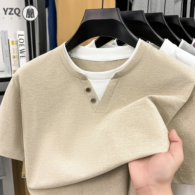 Mens Short Sleeve T Shirt Henley Neck Fake Two Piece Casual Tops Breathable Slim Fit Tees For Men Daily Outfits
