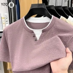 Mens Short Sleeve T Shirt Henley Neck Fake Two Piece Casual Tops Breathable Slim Fit Tees For Men Daily Outfits