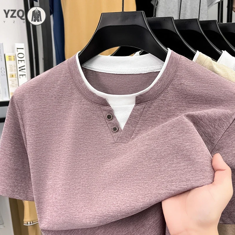Mens Short Sleeve T Shirt Henley Neck Fake Two Piece Casual Tops Breathable Slim Fit Tees For Men Daily Outfits
