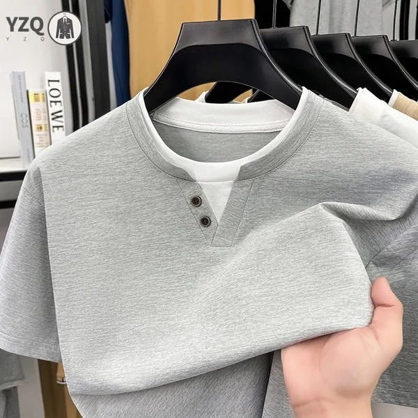 Mens Short Sleeve T Shirt Henley Neck Fake Two Piece Casual Tops Breathable Slim Fit Tees For Men Daily Outfits