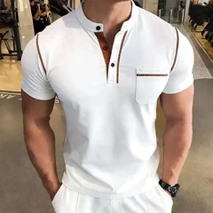 New Summer Men's Henry Collar Short Sleeve Golf Polo Shirt Personality Pocket Style Casual Breathable Sports Street Fashion Top