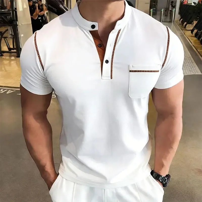 New Summer Men's Henry Collar Short Sleeve Golf Polo Shirt Personality Pocket Style Casual Breathable Sports Street Fashion Top
