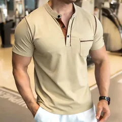 New Summer Men's Henry Collar Short Sleeve Golf Polo Shirt Personality Pocket Style Casual Breathable Sports Street Fashion Top