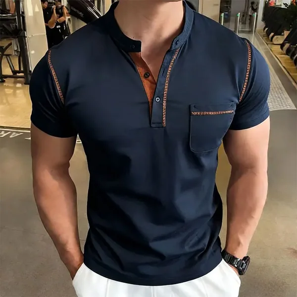 New Summer Men's Henry Collar Short Sleeve Golf Polo Shirt Personality Pocket Style Casual Breathable Sports Street Fashion Top
