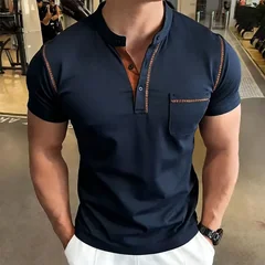 New Summer Men's Henry Collar Short Sleeve Golf Polo Shirt Personality Pocket Style Casual Breathable Sports Street Fashion Top