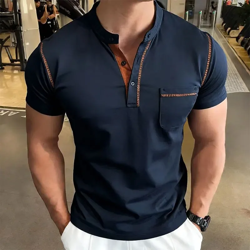 New Summer Men's Henry Collar Short Sleeve Golf Polo Shirt Personality Pocket Style Casual Breathable Sports Street Fashion Top