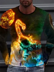 Men's 3D Scorpion Long Sleeve T-Shirt Neon Green Glowing Graphic Tee Scorpio Zodiac Gradient Streetwear Pullover Tops