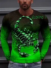Men's 3D Scorpion Long Sleeve T-Shirt Neon Green Glowing Graphic Tee Scorpio Zodiac Gradient Streetwear Pullover Tops