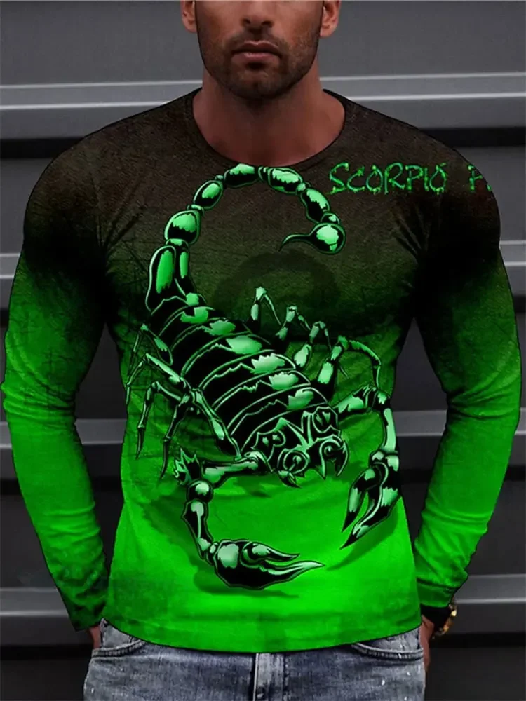 Men's 3D Scorpion Long Sleeve T-Shirt Neon Green Glowing Graphic Tee Scorpio Zodiac Gradient Streetwear Pullover Tops