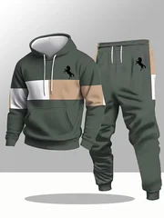 Men's Hoodies Fashion Color Block Print Sweatshirts For Menl Simple Style Oversized Pullover Sets Clothing Sweatshirt pants set
