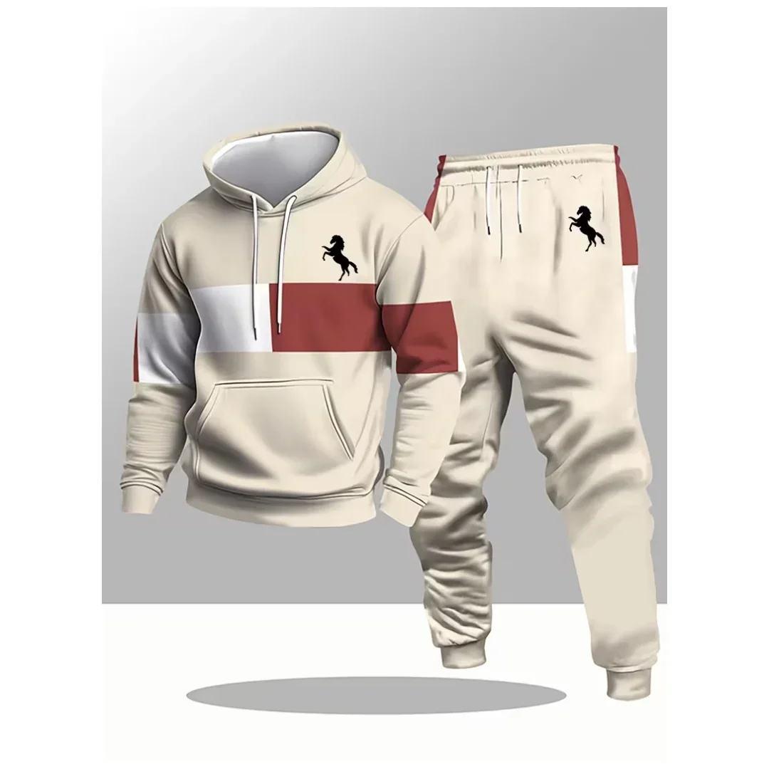 Men's Hoodies Fashion Color Block Print Sweatshirts For Menl Simple Style Oversized Pullover Sets Clothing Sweatshirt pants set