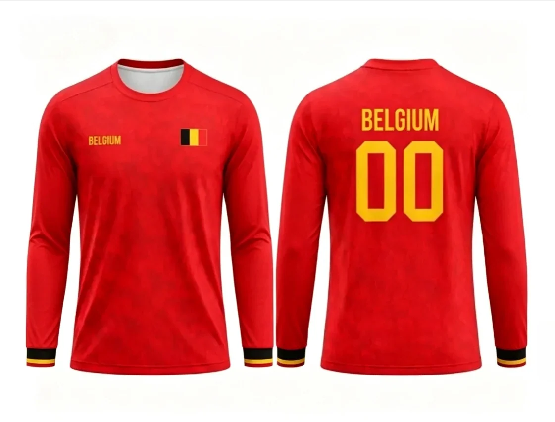 2026 new Belgian round neck long sleeved football jersey with fashionable print for both men and women, versatile for daily use