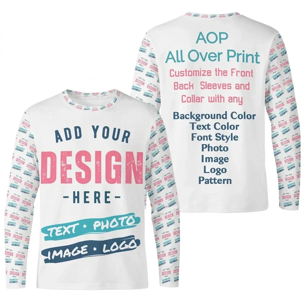 Custom Long Sleeve T Shirt All Over Print Personalized T Shirt Custom Text Photo Logo Graphic Tee Men's Women's Casual Clothing