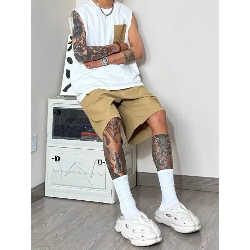 Men Patch Pocket Sleeveless Tank Top Loose Ice Silk Shorts Set Trendy Casual Summer Two Piece Outfit