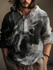 Men Dragon Graphic Print Hooded Henley Shirt Long Sleeve Polyester Casual Top