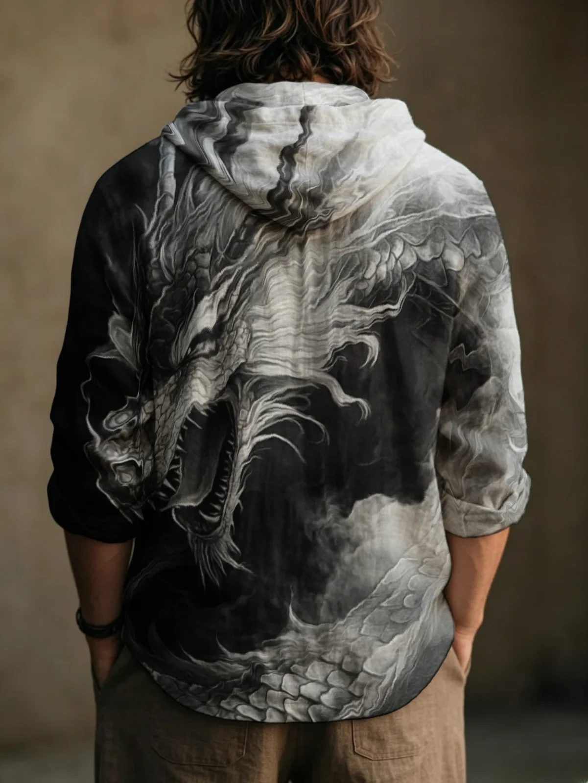 Men Dragon Graphic Print Hooded Henley Shirt Long Sleeve Polyester Casual Top