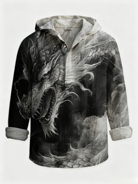 Men Dragon Graphic Print Hooded Henley Shirt Long Sleeve Polyester Casual Top