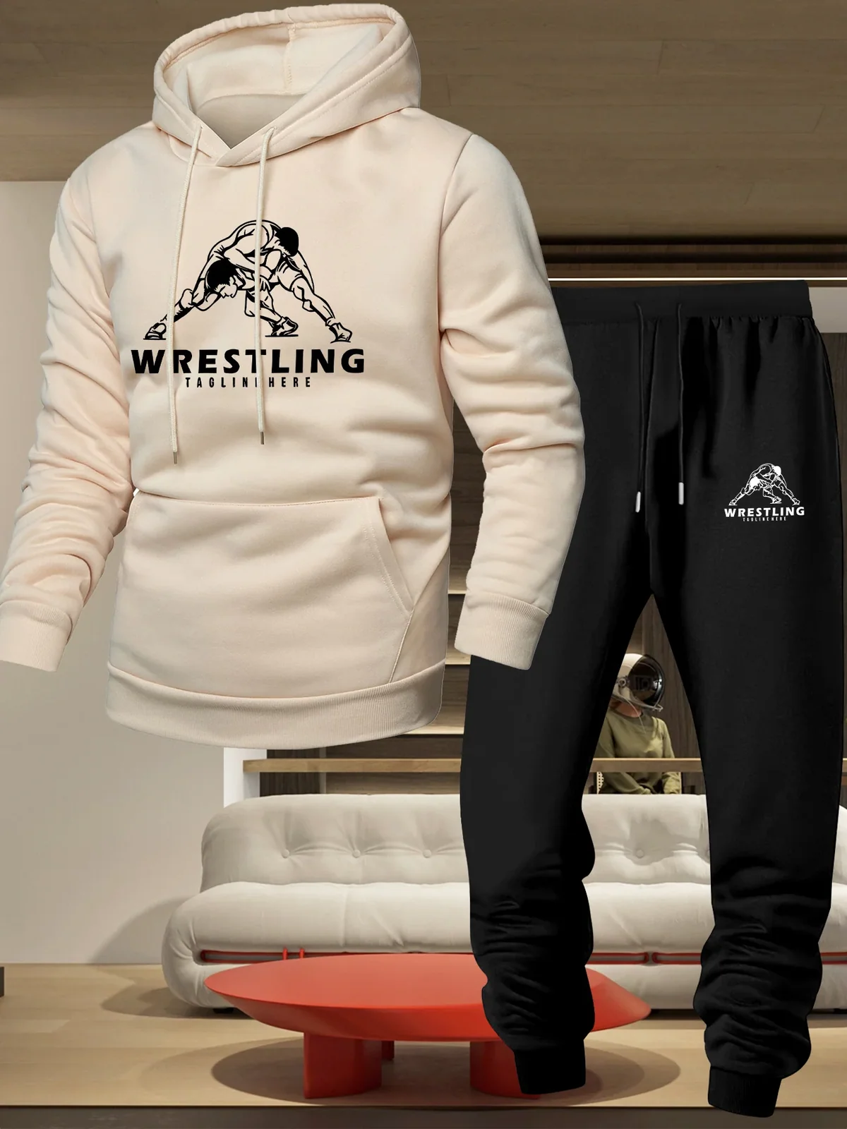 Men's 2‑Pcs Hooded Sweatshirt Set Wrestling Pattern Long Sleeve Hoodie Casual Sportswear Sweatshirt And Pants For Autumn Winter