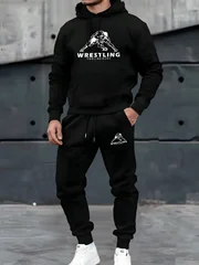 Men's 2‑Pcs Hooded Sweatshirt Set Wrestling Pattern Long Sleeve Hoodie Casual Sportswear Sweatshirt And Pants For Autumn Winter