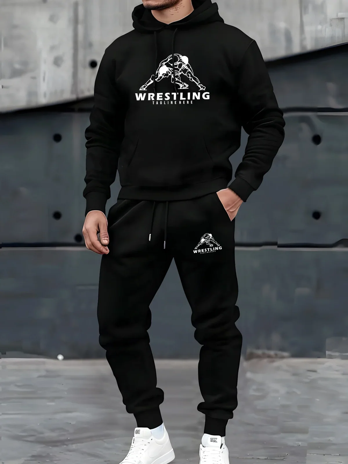 Men's 2‑Pcs Hooded Sweatshirt Set Wrestling Pattern Long Sleeve Hoodie Casual Sportswear Sweatshirt And Pants For Autumn Winter