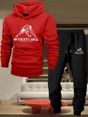 Men's 2‑Pcs Hooded Sweatshirt Set Wrestling Pattern Long Sleeve Hoodie Casual Sportswear Sweatshirt And Pants For Autumn Winter