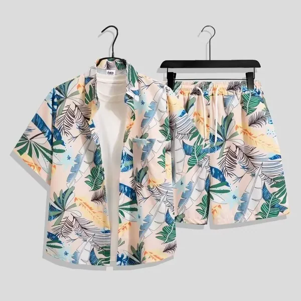 Hawaiian Style Shirt Set Men's Summer Loose Short-sleeved Shorts Set, Fashion Trend Beach Floral Couple Clothes