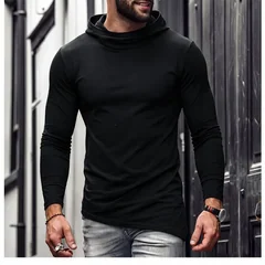 Men Solid Casual Hooded Long Sleeve T Shirt Soft Cotton Irregular Hem Daily Outdoor Top S 3XL
