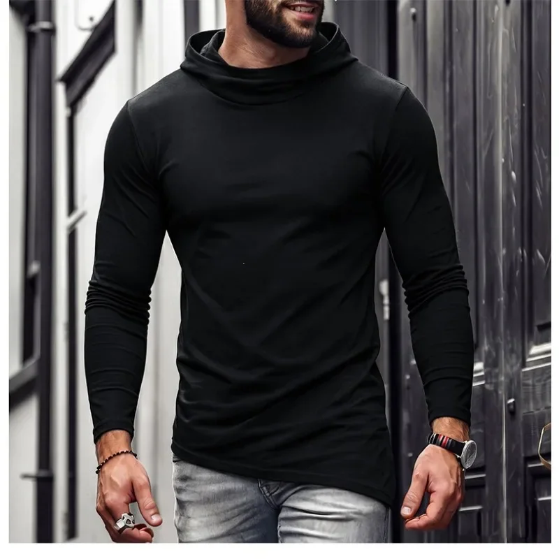 Men Solid Casual Hooded Long Sleeve T Shirt Soft Cotton Irregular Hem Daily Outdoor Top S 3XL