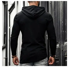 Men Solid Casual Hooded Long Sleeve T Shirt Soft Cotton Irregular Hem Daily Outdoor Top S 3XL