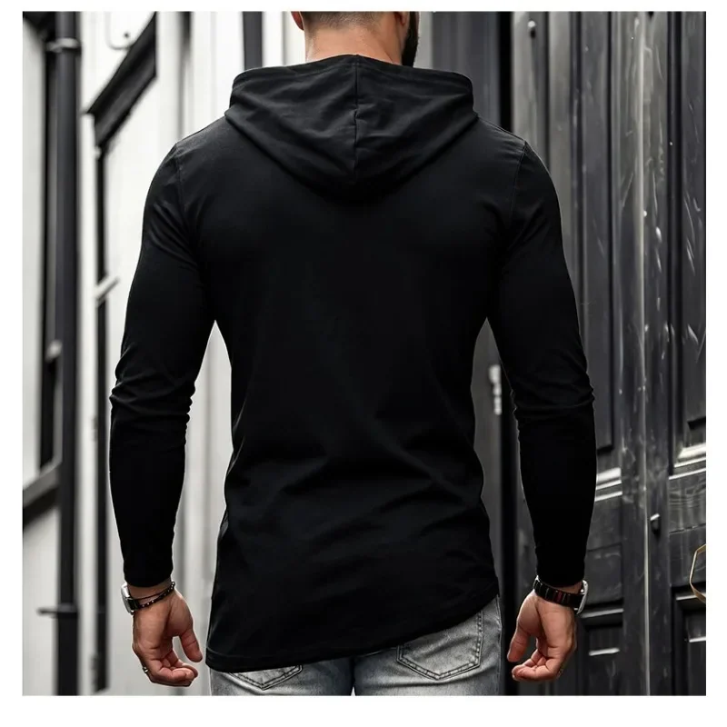 Men Solid Casual Hooded Long Sleeve T Shirt Soft Cotton Irregular Hem Daily Outdoor Top S 3XL