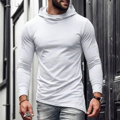 Men Solid Casual Hooded Long Sleeve T Shirt Soft Cotton Irregular Hem Daily Outdoor Top S 3XL