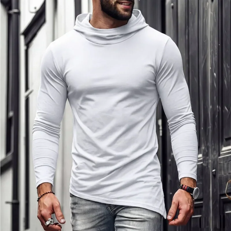 Men Solid Casual Hooded Long Sleeve T Shirt Soft Cotton Irregular Hem Daily Outdoor Top S 3XL
