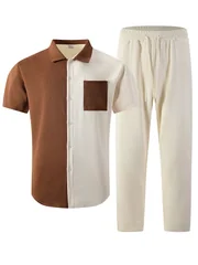 Men's Summer Color Block Patchwork Short Sleeve Shirt & Drawstring Long Pants Set for Daily Casual and Outdoor Travel Outfits