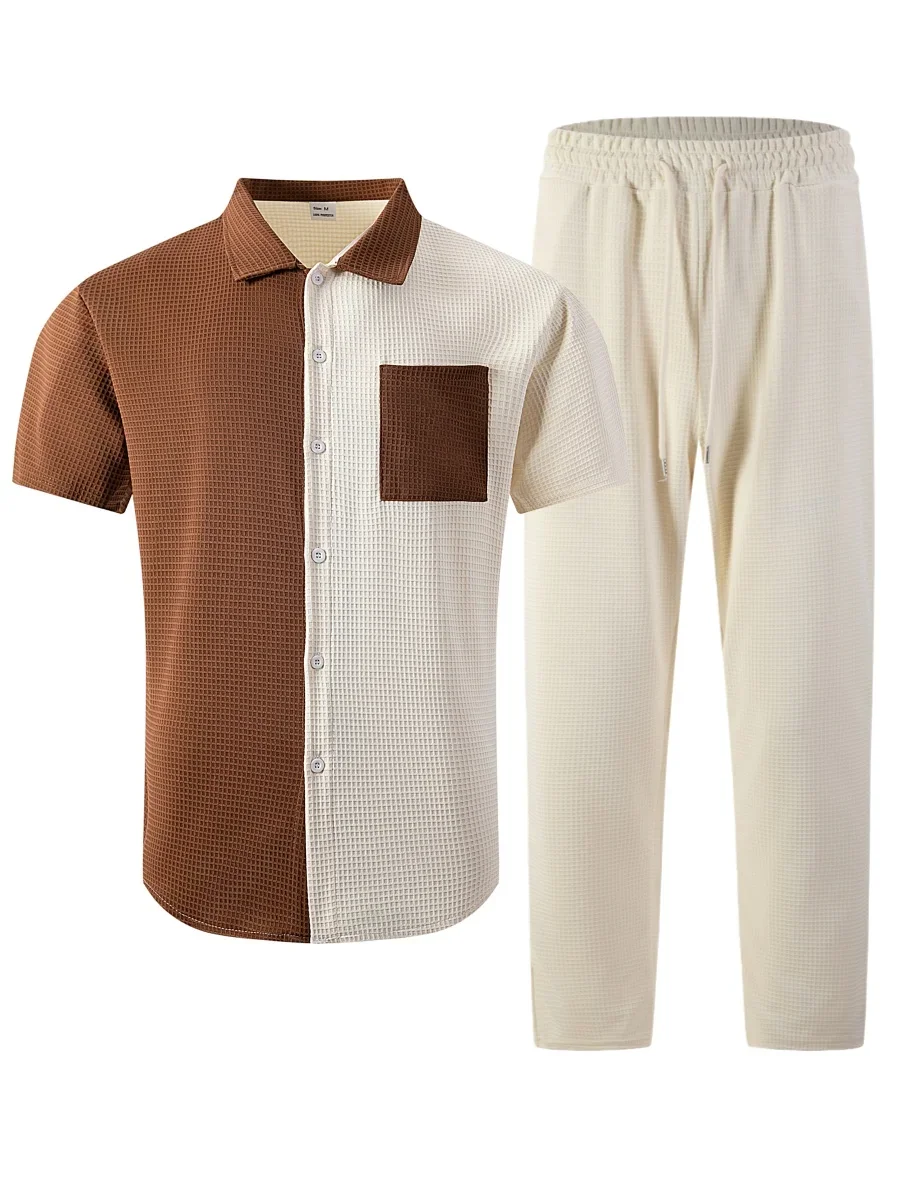 Men's Summer Color Block Patchwork Short Sleeve Shirt & Drawstring Long Pants Set for Daily Casual and Outdoor Travel Outfits