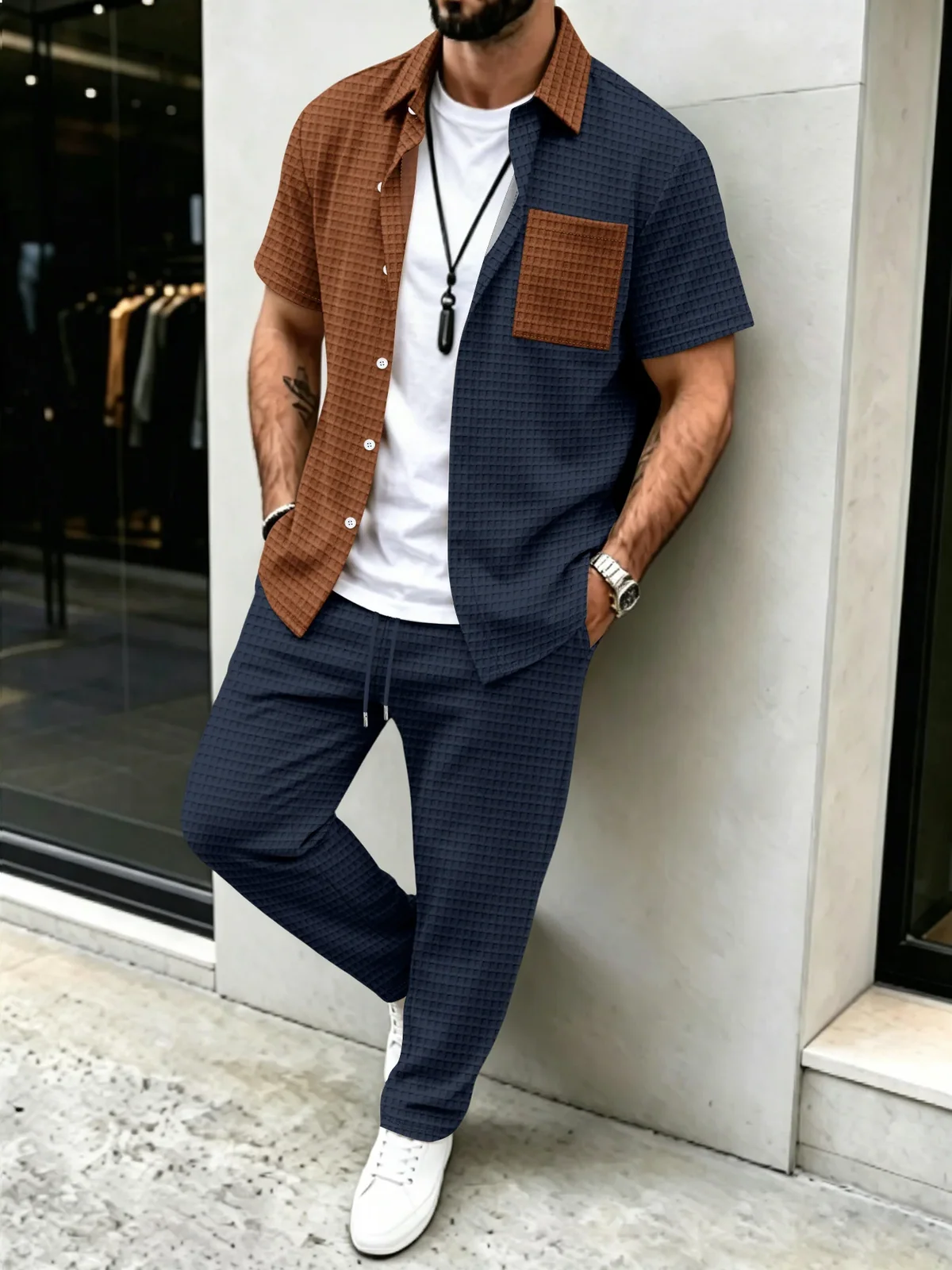 Men's Summer Color Block Patchwork Short Sleeve Shirt & Drawstring Long Pants Set for Daily Casual and Outdoor Travel Outfits