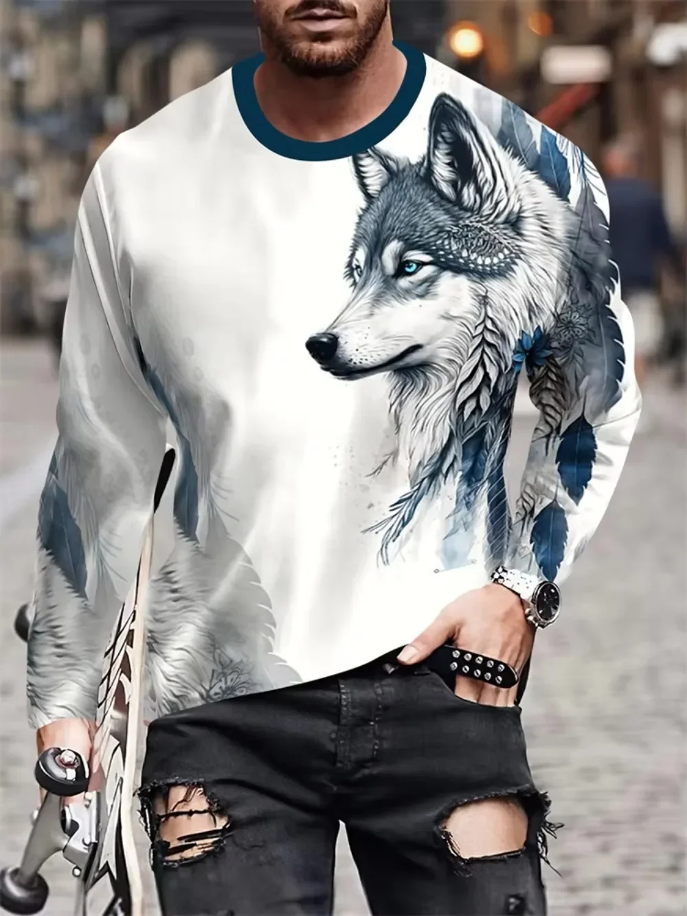 Wolf Eagle Lion Animal Pattern 3Dprint Men's Cool Long-sleeved Tshirt Daily Casual Outdoor Street Sport Breathable Quick-dry Top