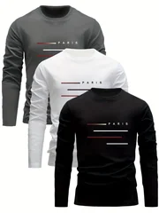 100% Cotton Men's Long Sleeved Round Neck Loose Paris Letter Printed Autumn and Winter Casual Versatile T-Shirt Top