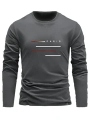 100% Cotton Men's Long Sleeved Round Neck Loose Paris Letter Printed Autumn and Winter Casual Versatile T-Shirt Top
