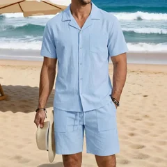 Mens Summer Cotton Linen Vacation Set Cuban Collar Shirt And Cargo Shorts Beach Outfit