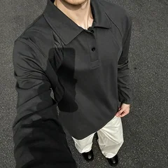 Mens Turn Collar Long Sleeve Polo Top Mesh Panel Splicing Loose Casual Sweatshirt Solid Color Daily Fashion Male Clothing