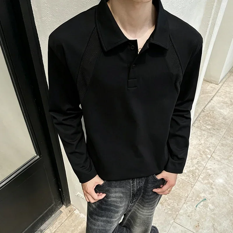 Mens Turn Collar Long Sleeve Polo Top Mesh Panel Splicing Loose Casual Sweatshirt Solid Color Daily Fashion Male Clothing