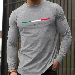 100% Pure Cotton Men's Long Sleeved Round Neck Loose ITALIA Pattern Printed Spring and Autumn Casual Versatile T-Shirt Top