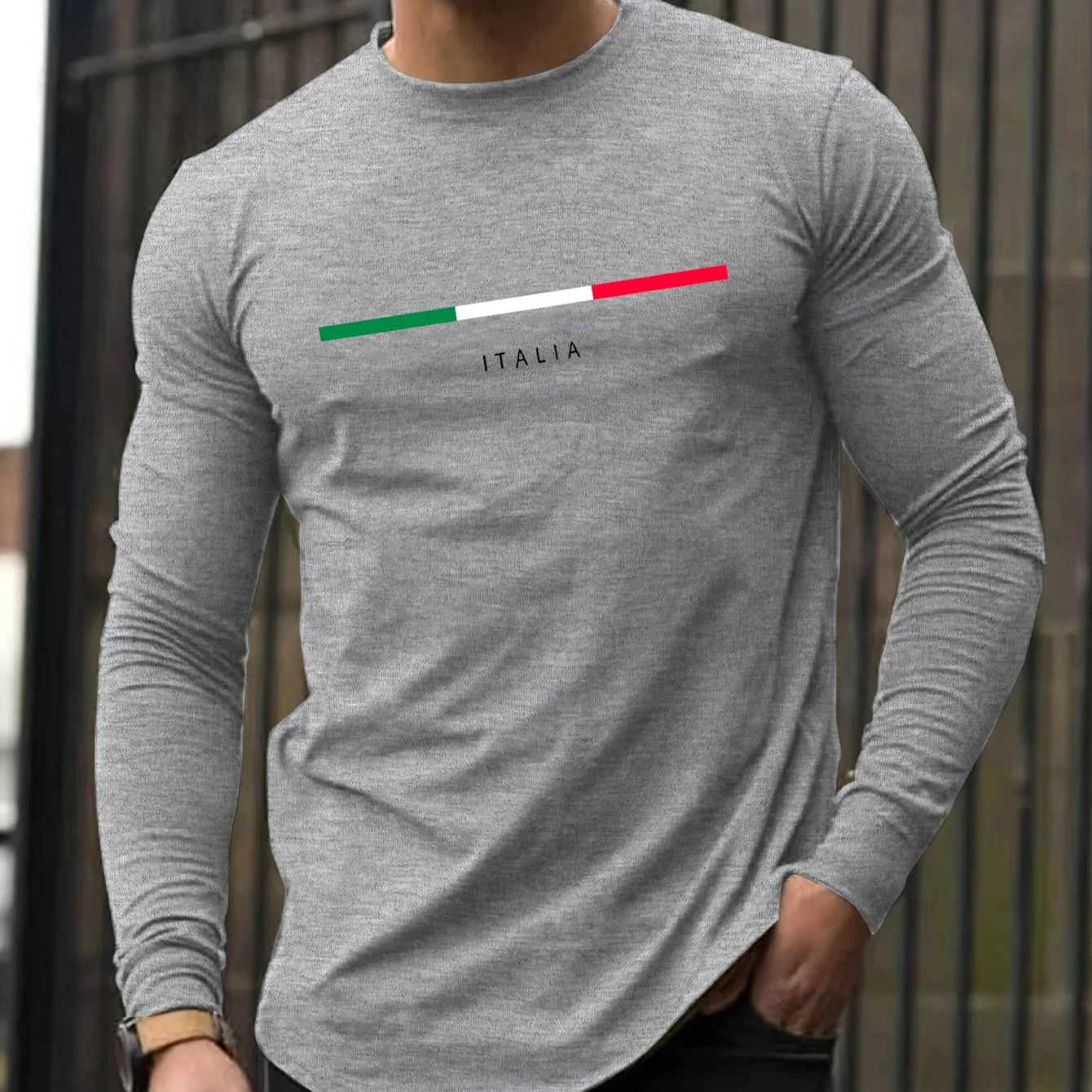 100% Pure Cotton Men's Long Sleeved Round Neck Loose ITALIA Pattern Printed Spring and Autumn Casual Versatile T-Shirt Top