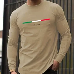 100% Pure Cotton Men's Long Sleeved Round Neck Loose ITALIA Pattern Printed Spring and Autumn Casual Versatile T-Shirt Top