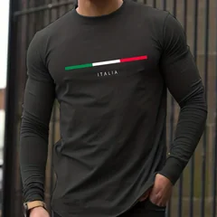 100% Pure Cotton Men's Long Sleeved Round Neck Loose ITALIA Pattern Printed Spring and Autumn Casual Versatile T-Shirt Top