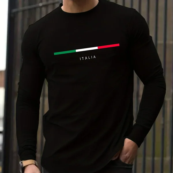 100% Pure Cotton Men's Long Sleeved Round Neck Loose ITALIA Pattern Printed Spring and Autumn Casual Versatile T-Shirt Top